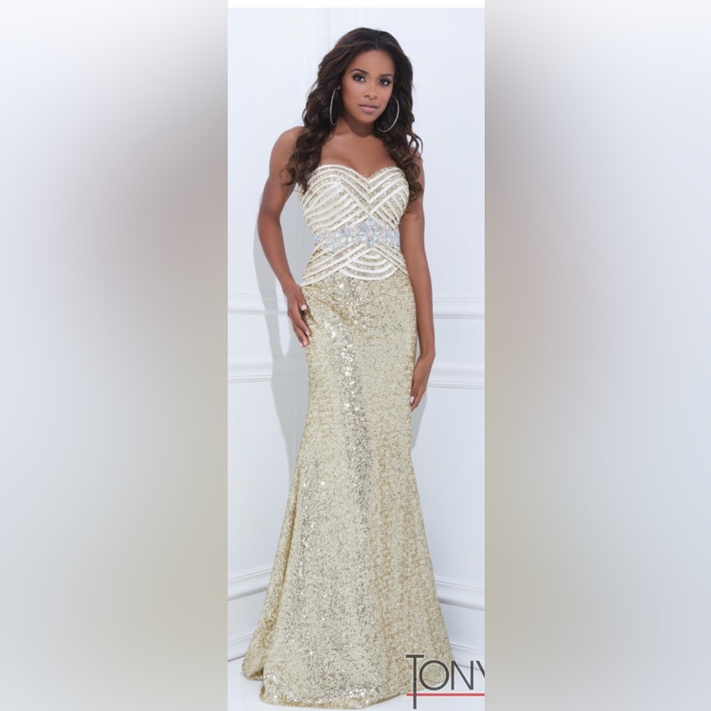 TONY BOWL strapless with corset back gold sequins Long Dress sz 2